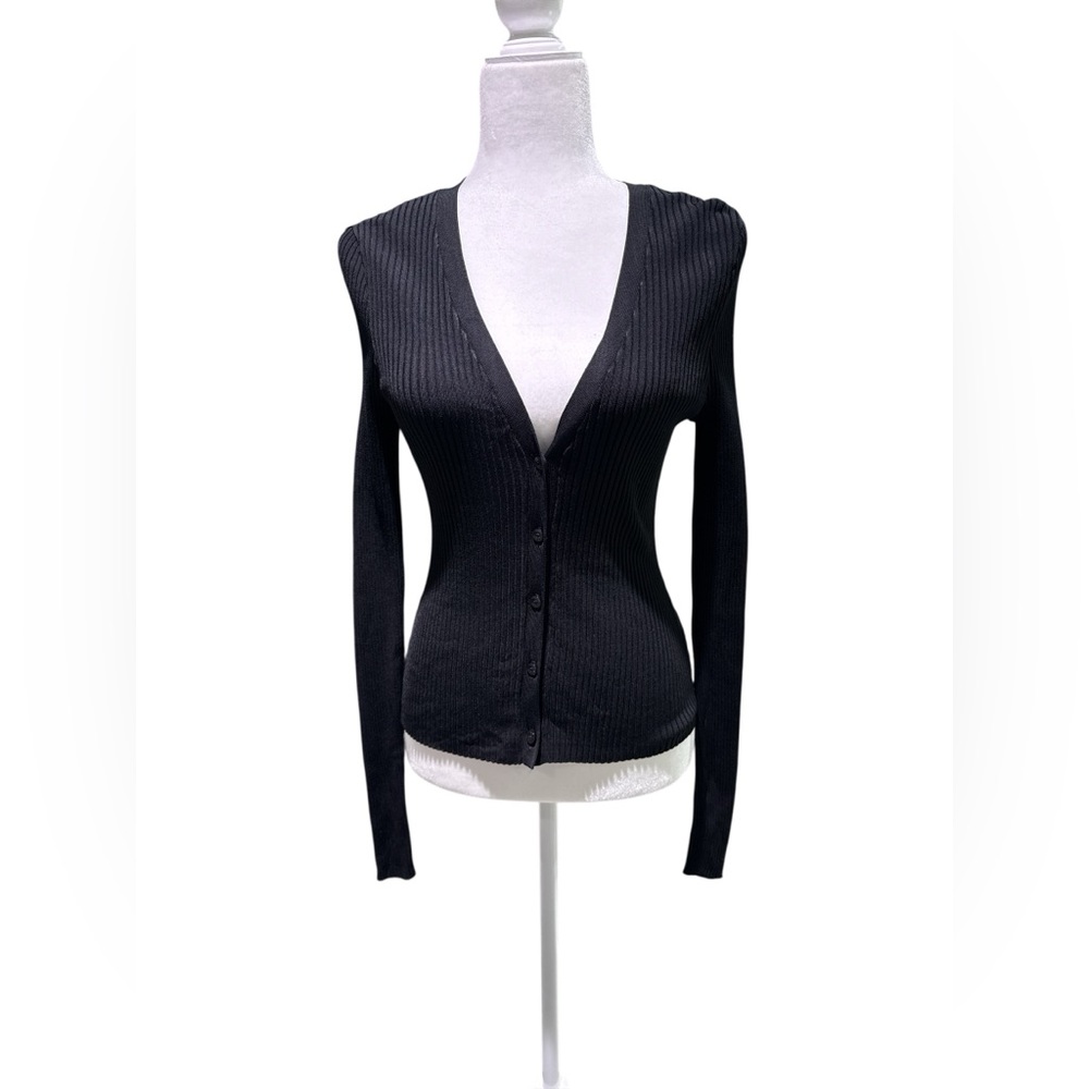 Good American Black Shine Ribbed Cardigan